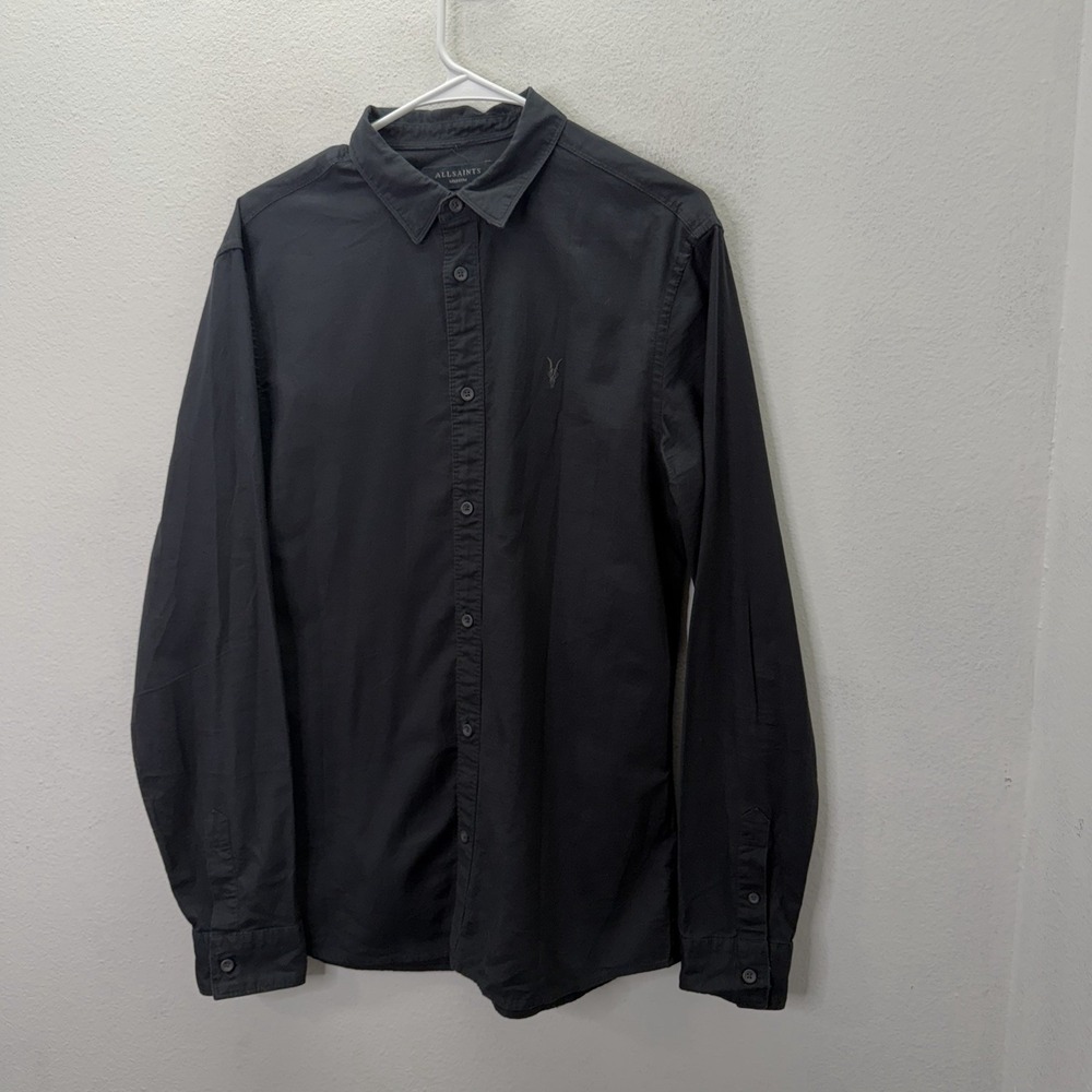 AllSaints Azur Dress Shirt Mens M Black 100% Cotton Button Up Ramskull Logo